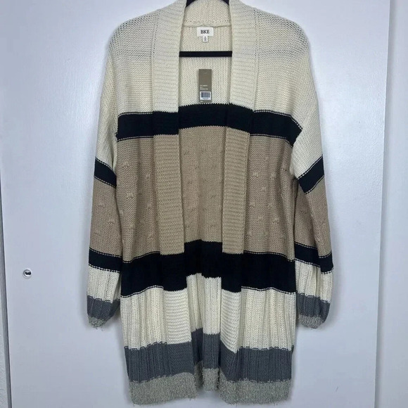BKE Long Neutral Color Block Open Weave Knit Cardigan Sweater Size Small NWT - Picture 2 of 7
